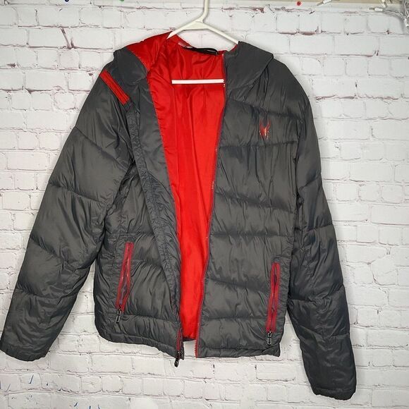 Spyder Men’s Size M Medium Puffer Winter Jacket Hooded Zip Up Grey Red Trim  EUC - Picture 1 of 14
